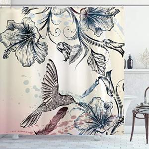Ambesonne Hummingbird Shower Curtain, Floral Art in Vintage Style Bird Hibiscus Flowers and Feathers, Cloth Fabric Bathroom Decor Set with Hooks, 69" W x 75" L, Teal Brown