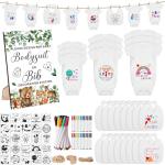 Pydeeirom 151 Pcs Baby Shower Game Decorations Kit with Bibs, Bodysuits, Wooden Sign & Fabric Markers (ForestAnimals)