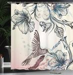 Ambesonne Hummingbird Shower Curtain, Floral Art in Vintage Style Bird Hibiscus Flowers and Feathers, Cloth Fabric Bathroom Decor Set with Hooks, 69" W x 75" L, Teal Brown