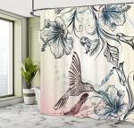 Ambesonne Hummingbird Shower Curtain, Floral Art in Vintage Style Bird Hibiscus Flowers and Feathers, Cloth Fabric Bathroom Decor Set with Hooks, 69" W x 75" L, Teal Brown