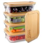 JUST VEGAN Airtight Glass Food Storage Containers with Bamboo Lids, Set of 4 Secure-Seal Containers for Meal Prep, 100% Leakproof, Plastic Free, Oven & Microwave Safe (4 Pack)