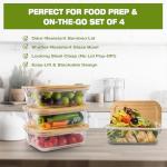 JUST VEGAN Airtight Glass Food Storage Containers with Bamboo Lids, Set of 4 Secure-Seal Containers for Meal Prep, 100% Leakproof, Plastic Free, Oven & Microwave Safe (4 Pack)