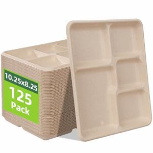 WELLIFE 100% Compostable 5 Compartment Paper Plates, 125 Pack Heavy Duty Disposable School Lunch Trays, 10.25 * 8.25 Inch Eco-Friendly Bagasse Plates for Boys, Girls and Youth (BPA Free,Microwaveable)