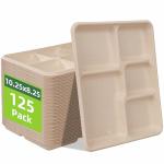 WELLIFE 100% Compostable 5 Compartment Paper Plates, 125 Pack Heavy Duty Disposable School Lunch Trays, 10.25 * 8.25 Inch Eco-Friendly Bagasse Plates for Boys, Girls and Youth (BPA Free,Microwaveable)
