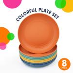 Homienly Deep Dinner Plates Set of 8 Alternative for Plastic Plates Microwave and Dishwasher Safe Wheat Straw Plates for Kitchen Unbreakable Kids Plate Set with 4 Colors (Classic Bright, 9 inch)