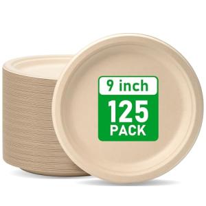 RACETOP Compostable Paper Plates 9 Inch [125 Pack], Disposable Biodegradable Heavy Duty Paper Plates, Made of Natural Sugarcane Fibers, Unbleached Brown, Round
