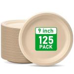 RACETOP Compostable Paper Plates 9 Inch [125 Pack], Disposable Biodegradable Heavy Duty Paper Plates, Made of Natural Sugarcane Fibers, Unbleached Brown, Round