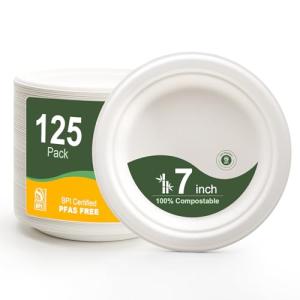 WELLIFE 7 Inch Paper Plates, 125-Pack Small Dessert Paper Plates Bulk, 100% Compostable Biodegradable Bagasse, Eco-Friendly Disposable Plate for Dessert,BBQ,Picnic,Party (BPI Certified,Microwaveable)