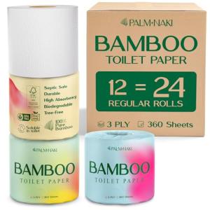 Bamboo Toilet Paper | Gentle Feel, Strong & Absorbent | Tree-Free & Eco-Friendly | Rapid-Dissolving & Septic-Safe | Lint-Free, BPA/PFAS-Free, No Fragrance | 12 Rolls, 360 Sheets | PALM NAKI