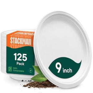 Compostable 9-Inch Heavy-Duty Sugarcane Plates - 125 Pack