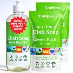 Truly Free Natural Concentrated Dish Detergent Dishwashing Liquid | Plant-Based Dish Soap | Sweet Basil Fresh Scent | 2 Refill Packs with 1 Empty Refillable Squeeze Bottle (16 Oz)