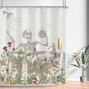 LGhtyro Funny Skull Halloween Wildflower Shower Curtain Bathroom Set 60Wx71H Inches Gothic Skeleton Floral Rustic Leaves in Bathtub Bath Accessories Spooky Cool Art Home Decor Fabric 12 Pack Hooks