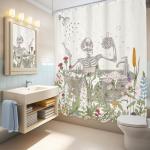 LGhtyro Funny Skull Halloween Wildflower Shower Curtain Bathroom Set 60Wx71H Inches Gothic Skeleton Floral Rustic Leaves in Bathtub Bath Accessories Spooky Cool Art Home Decor Fabric 12 Pack Hooks