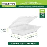 Freshware Compostable Clamshell Food Containers [9x6" 50-Pack] Disposable To Go Containers, Biodegradable Sugarcane To Go Boxes - Heavy Duty Paper Containers - Microwave & Freezer Safe, Stackable