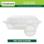 Freshware Compostable Clamshell Food Containers [9x6" 50-Pack] Disposable To Go Containers, Biodegradable Sugarcane To Go Boxes - Heavy Duty Paper Containers - Microwave & Freezer Safe, Stackable