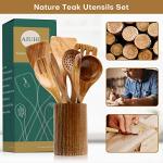 AIUHI Wood Spoons for Cooking, Nonstick Kitchen Utensil Set, Wooden Spoons Cooking Utensil Set Non Scratch Natural Teak Wooden Utensils for Cooking (Teak 8 Pack)