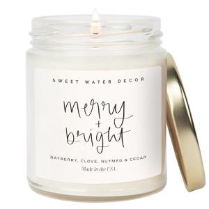 Sweet Water Decor Merry and Bright Candle - Bayberry, Fir, Nutmeg, and Clove Winter Holiday Scented Soy Candles for Home - 9oz Clear Jar, 40 Hour Burn Time, Made in The USA