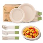 XenLife Compostable Paper Plates Set - 250PCS Disposable Heavy Duty Sugarcane Plate & Eco-Friendly Utensil Biodegradable Dinnerware Plates, Extra Long Forks, Knives & Spoons for Party (Brown)