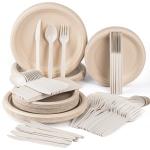 XenLife Compostable Paper Plates Set - 250PCS Disposable Heavy Duty Sugarcane Plate & Eco-Friendly Utensil Biodegradable Dinnerware Plates, Extra Long Forks, Knives & Spoons for Party (Brown)