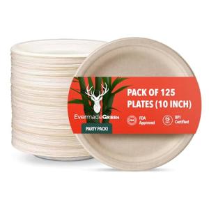 EVERMADEGREEN Heavy Duty Disposable Paper Plates 10 inch - Set of 125 | Compostable | Made from Sugarcane Bagasse | Biodegradable Dinner Plates | Rustic Dinnerware for Christmas, Wedding, Party