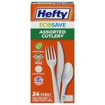 Hefty ECOSAVE Compostable Assorted Cutlery Set, Utensils for BBQs, Tailgates, Camping, Parties, and More, Includes 8 Forks, 8 Spoons, and 8 Knives, Compostable, Sustainable Design, 24 Count