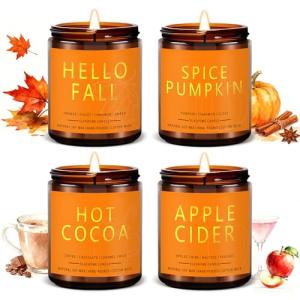 Fall Candles Set | 4 Pack Candles for Home Scented Natural Soy Wax, Autumn Gifts Set for Women Men, Fall Fragrance of Hellofall, Spice Pumpkin, Apple Cider, Hot Cocoa