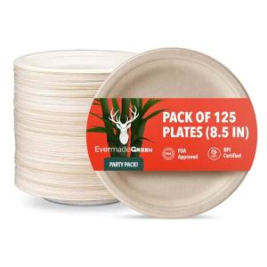 EVERMADEGREEN Heavy Duty Disposable Paper Plates 8.5 inch - Set of 125 | Compostable | Made from Sugarcane Bagasse | Biodegradable Dinner Plates | Rustic Dinnerware for Christmas, Wedding, Party