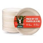 EVERMADEGREEN Heavy Duty Disposable Paper Plates 8.5 inch - Set of 125 | Compostable | Made from Sugarcane Bagasse | Biodegradable Dinner Plates | Rustic Dinnerware for Christmas, Wedding, Party