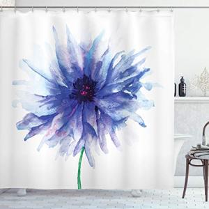 Ambesonne Watercolor Flower Shower Curtain, Single Large Petite Cornflower Plain Background Mother Earth Paint, Cloth Fabric Bathroom Decor Set with Hooks, 69" W x 70" L, Navy Blue White