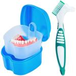KISEER Light Blue Denture Bath Case Cup Box Holder Storage Container with Denture Cleaner Brush Strainer Basket for Travel Cleaning