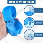 KISEER Light Blue Denture Bath Case Cup Box Holder Storage Container with Denture Cleaner Brush Strainer Basket for Travel Cleaning