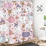 LIGHTINHOME Pink Halloween Shower Curtain 60Wx72H Inches 70s Retro Funny Ghost Y2K Cute Autumn Pumpkin Purple Flower Hippie Groovy Cloth Fabric Waterproof Polyester Bathroom Home Decor Set with Hooks