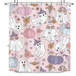 LIGHTINHOME Pink Halloween Shower Curtain 60Wx72H Inches 70s Retro Funny Ghost Y2K Cute Autumn Pumpkin Purple Flower Hippie Groovy Cloth Fabric Waterproof Polyester Bathroom Home Decor Set with Hooks