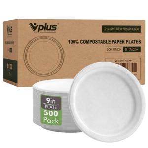 Vplus 500 Pack Paper Plates 9 inch 100% Compostable, Heavy-Duty Disposable Paper Plates Bagasse Natural Biodegradable Eco-Friendly Sugarcane（White）