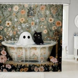 Manfei Kawaii Ghost Cat Bathroom Curtains for Kids European Vintage Floral Bathtub Bubble Shower Curtains,Halloween Ghost Natural Flowers Bath Curtains with 12 Hooks,Waterproof,72" W x 78" L