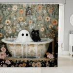 Manfei Kawaii Ghost Cat Bathroom Curtains for Kids European Vintage Floral Bathtub Bubble Shower Curtains,Halloween Ghost Natural Flowers Bath Curtains with 12 Hooks,Waterproof,72" W x 78" L