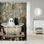 Manfei Kawaii Ghost Cat Bathroom Curtains for Kids European Vintage Floral Bathtub Bubble Shower Curtains,Halloween Ghost Natural Flowers Bath Curtains with 12 Hooks,Waterproof,72" W x 78" L