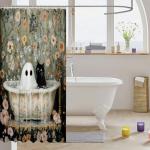 Manfei Kawaii Ghost Cat Bathroom Curtains for Kids European Vintage Floral Bathtub Bubble Shower Curtains,Halloween Ghost Natural Flowers Bath Curtains with 12 Hooks,Waterproof,72" W x 78" L