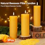 3 Pack Natural Beeswax Pillar Candles,2x6in Large Pure Beeswax Candles-180 Hours Long Burning,Organic Bees Wax Candles for Home,Prayer,Emergency,Smokeless Dripless Organic Pillar Candles Bulk
