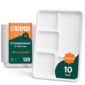 Eco-Friendly 5-Compartment Compostable Paper Plates - 125 Pack