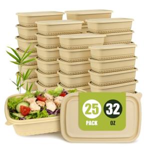 Bmboryxa 25Pack(50pcs) Meal Prep Containers Reusable, 32oz Bamboo-Powder Food Containers with Lids, Plant-based To Go Containers for Lunch - Microwave, Freezer, Dishwasher Safe