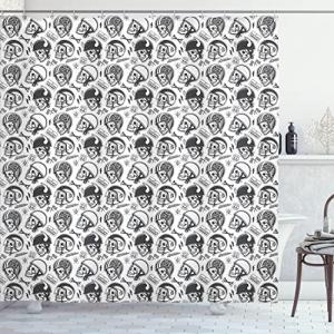 Ambesonne Manly Shower Curtain, Greyscale Pattern with Rider Skulls Bone Bikers Repair Shops Services Art, Cloth Fabric Bathroom Decor Set with Hooks, 69" W x 70" L, Charcoal Grey White