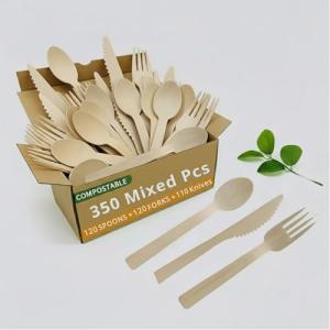 EcoRhine - Disposable Bamboo Cutlery Set - 350 PCS Bamboo Utensil Set with 120 Compostable Forks, 120 Spoons, and 110 Knives - Disposable Cutlery Set for Outdoor, Party, Camping & More