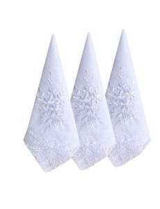 BonjourMrsMr Ladies Womes White Embroidery Cotton Handkerchiefs Wedding Hankies Scalloped 3PCS