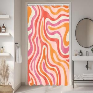 LIGHTINHOME Small Stall Modern Abstract Shower Curtain 36Wx72H Inches Pink Orange Groovy Aesthetic Cute 70s Retro Swirl Narrow Bathroom Curtain Fabric Waterproof Polyester Home Decor Set with Hooks