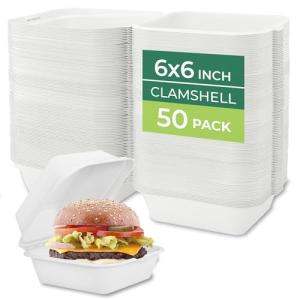 Freshware Clamshell Food Containers with Lids [6x6 50-Pack] Disposable To Go Containers, Biodegradable Sugarcane To Go Boxes - Paper Container - Microwave & Freezer Safe, Stackable