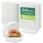 Freshware Clamshell Food Containers with Lids [6x6 50-Pack] Disposable To Go Containers, Biodegradable Sugarcane To Go Boxes - Paper Container - Microwave & Freezer Safe, Stackable