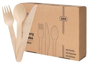 Pantry Value [300 Combo Pack] Compostable Wooden Cutlery Set, 150 Forks - 100 Spoons - 50 Knives Disposable Biodegradable Utensils for Parties, Camping, and Everyday Use - Compostable Utensils Sets