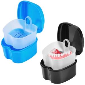 KISEER 2 Pack Colors Denture Bath Case Cup Box Holder Storage Soak Container with Strainer Basket for Travel Cleaning (Light Blue and Black)