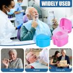 KISEER 2 Pack Colors Denture Bath Case Cup Box Holder Storage Soak Container with Strainer Basket for Travel Cleaning (Light Blue and Pink)